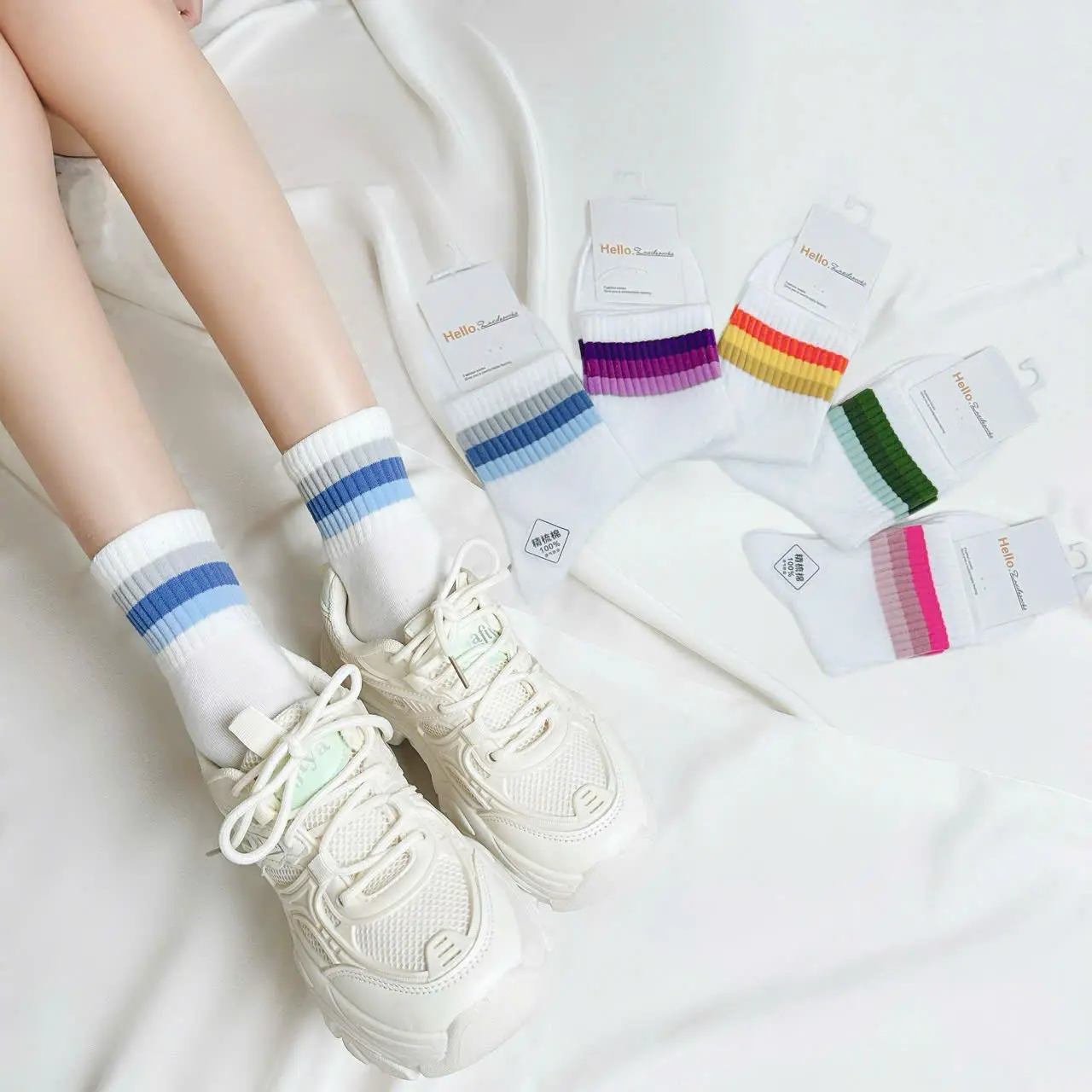 Tất vớ cổ trung-cổ lửng kẻ viền 3 màu chất cotton phong cách trẻ trung năng động