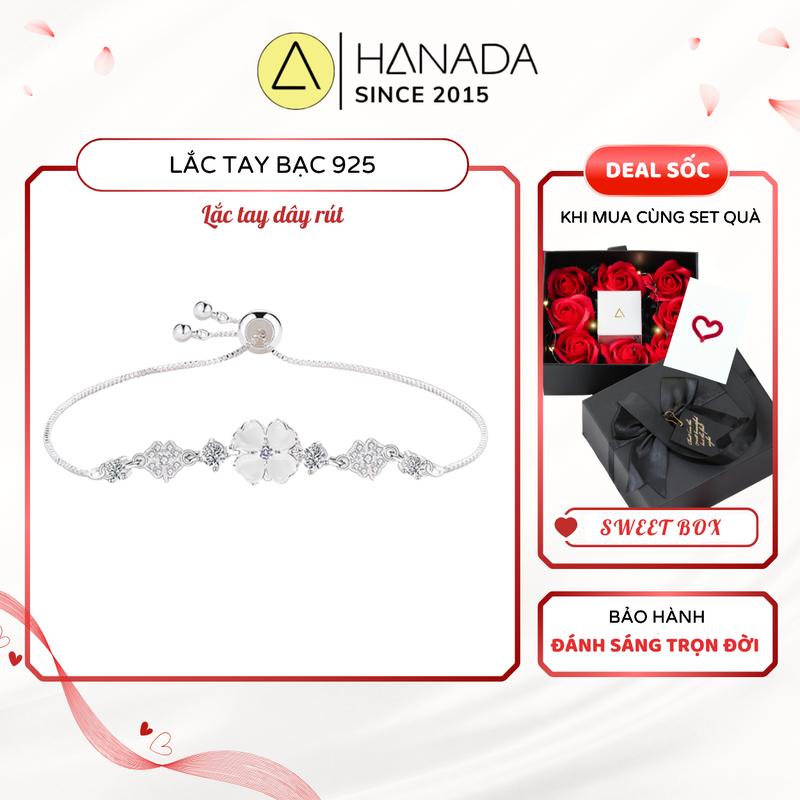 Bộ quà tặng 20/10 Lắc Tay Bạc 925 Hanada Hoa Đá Trắng Vòng Tay set bạc Cỏ 4 Lá May Mắn Đính Đá Dây Rút Freesize Tùy Chỉnh 1107 K16