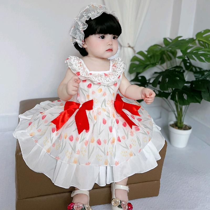 Váy Lolita Hoa Tulip Nơ Đỏ Chất Tơ Lụa Cho Bé Gái 4-17 Kg,1 Tháng-3.5 Tuổi,Sét Kèm Váy+Quần Chip+Tuban Đồ Đầy Tháng ,Sinh Nhật