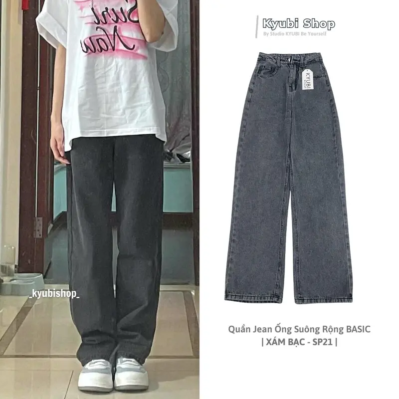 Quần jean nữ ống rộng lưng cao màu Xám Bạc phong cách Retro (Có Bigsize, Nhiều mẫu) - Quần jeans baggy suông Kyubi QJ25 Pants 3