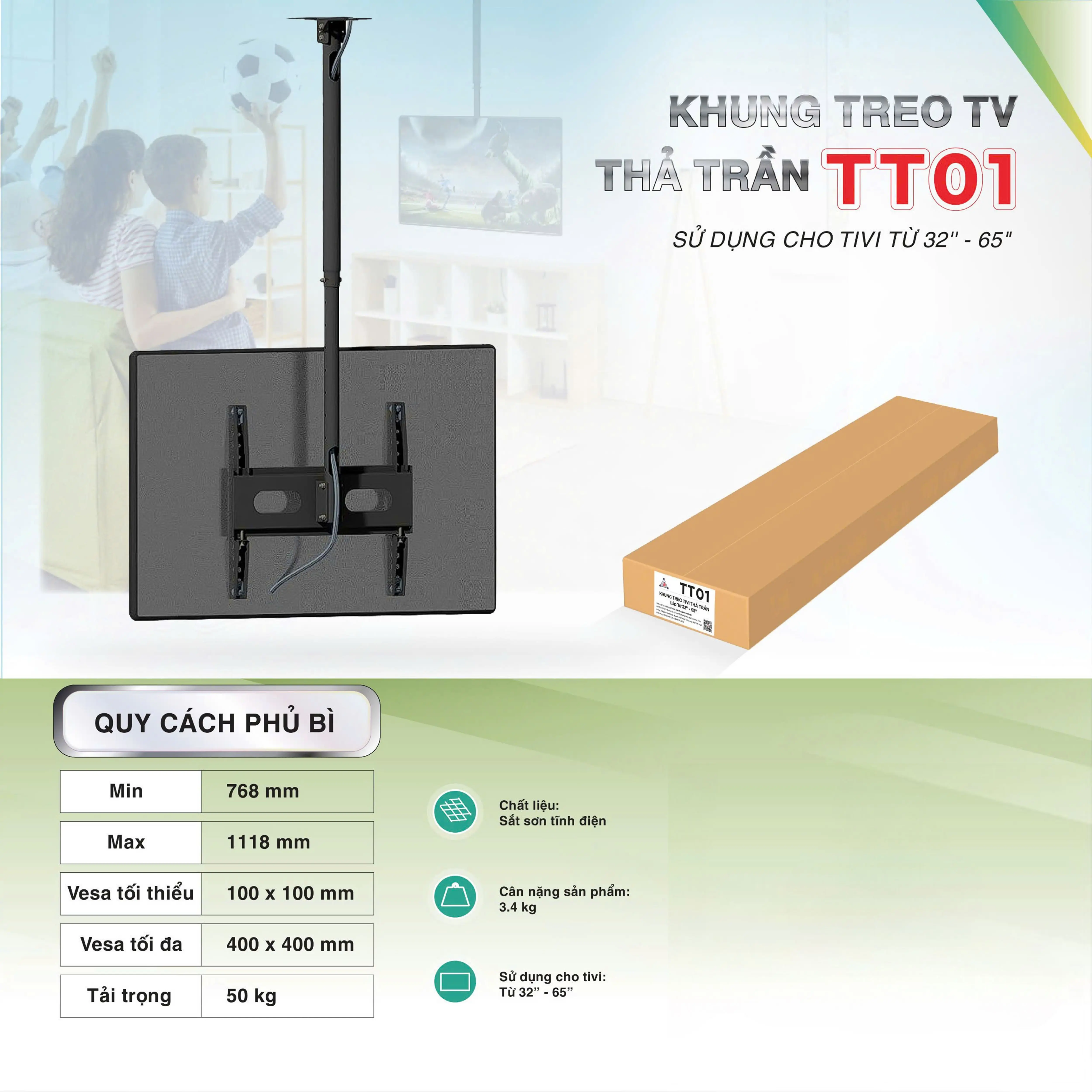 Khung giá treo tivi thả trần , giá đỡ tivi trần kích thước từ 32"-65" - hàng chính hãng Chánh Phát