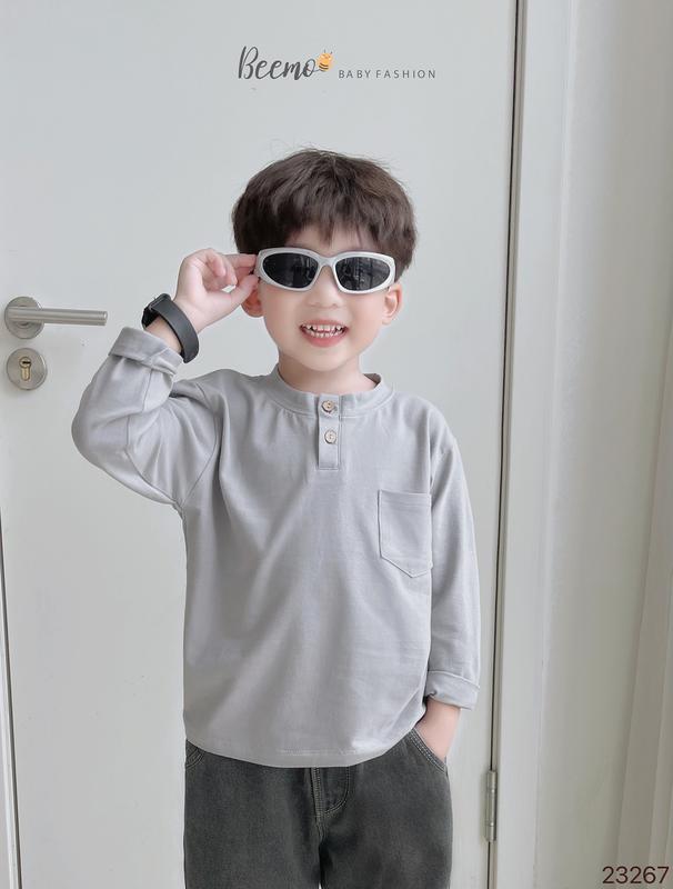 Áo dài tay Beemo cho bé trai cổ tròn basic phối túi đính cúc gỗ vải cotton mềm mại co giãn mặc đi học đi chơi 23267A