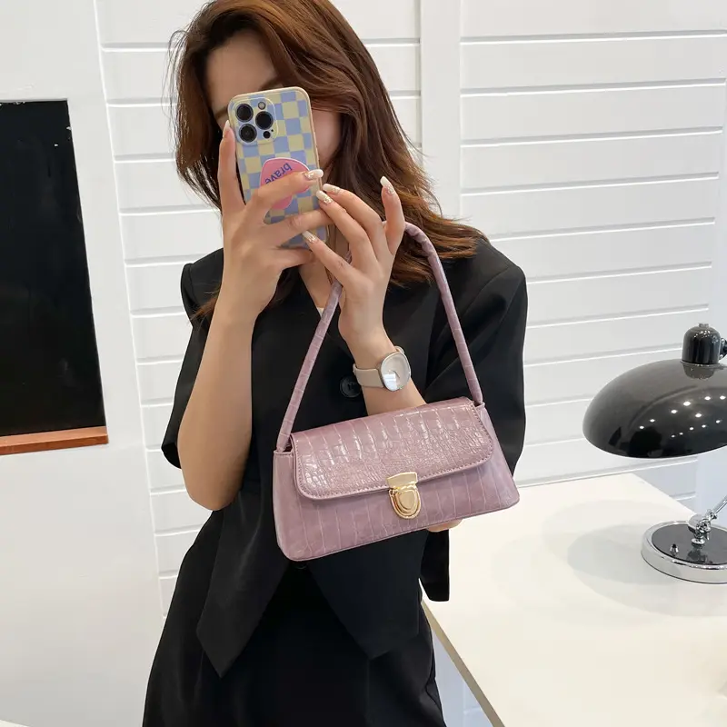 Tas Wanita Korea Style Totebag Selempang Wanita Shoulder Bag Kulit Croco Tali Kokoh Kunci Putar Polos DMTS036 - Putih - Slingbag tas  gemoy 2