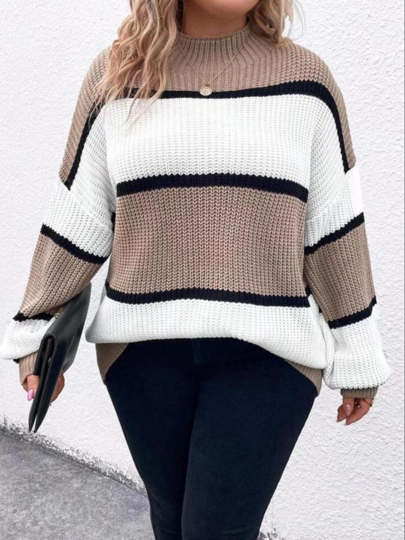 Product Introduction of 【Plus Size】 Colorblock Striped Print Drop Shoulder Sweater Pullover, Casual Chic Long Sleeve Round Neck Jumper for Fall & Winter, Women's Plus Clothing for Daily Wear 8