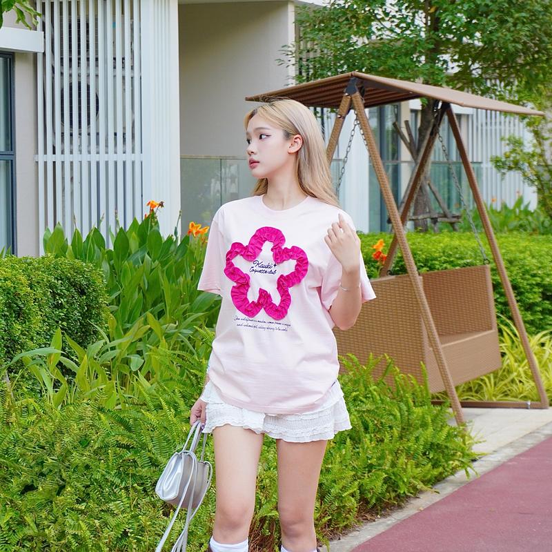 Áo Thun Kauki Hoa Nổi May Nhúng Unisex Form Rộng Oversize Cotton 250gsm Nam Nữ Top Cá Tính Năng Động FR14 Cổ Tròn Women Nhung Kem 2