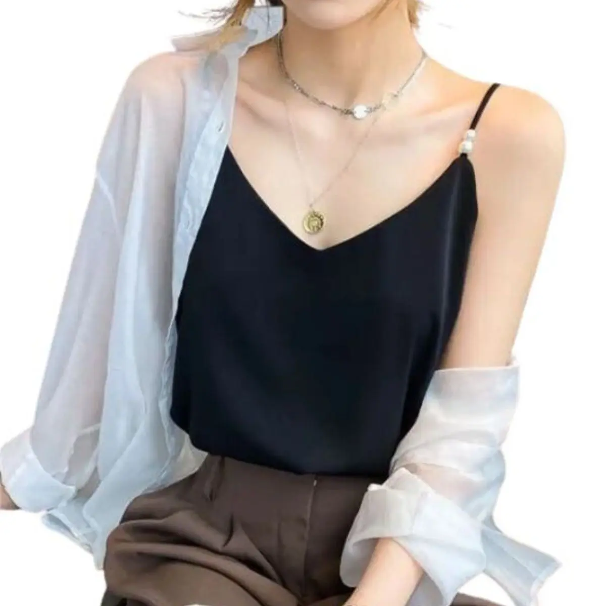 Áo lụa hai dây nữ ngọc trai mặc trong vest, blazer, Áo 2 dây lụa Women Top Nhung Jean Khuy