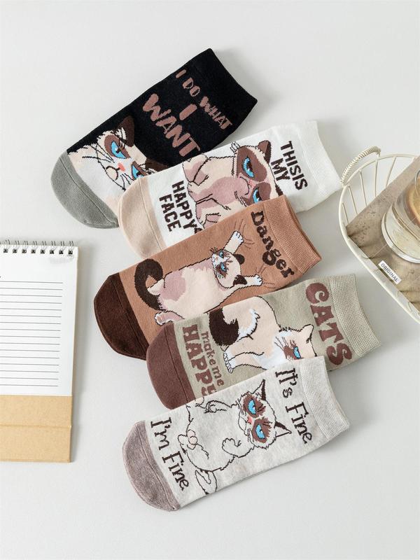 Women's 5 Pairs Cartoon Cat & Letter Print Colorblock Ankle Socks, Cute Comfortable Breathable Low Cut Socks for Daily Wear, Ladies Socks for Spring & Fall 4