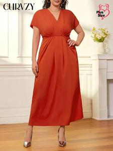【Plus Size】CURVZY Plain V Neck Dress, Elegant Fashion Casual Dress for Daily Outdoor Wear, Women Plus Clothing for Summer