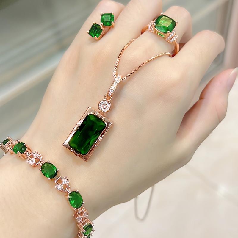 Product Introduction of Rose Gold Plated Emerald Diamond Earrings Ring Pendant Necklace Jewelry Set Exquisite Green Diamond Jewelry cincin perak ring silver silver diamond cincin perak lelaki 26