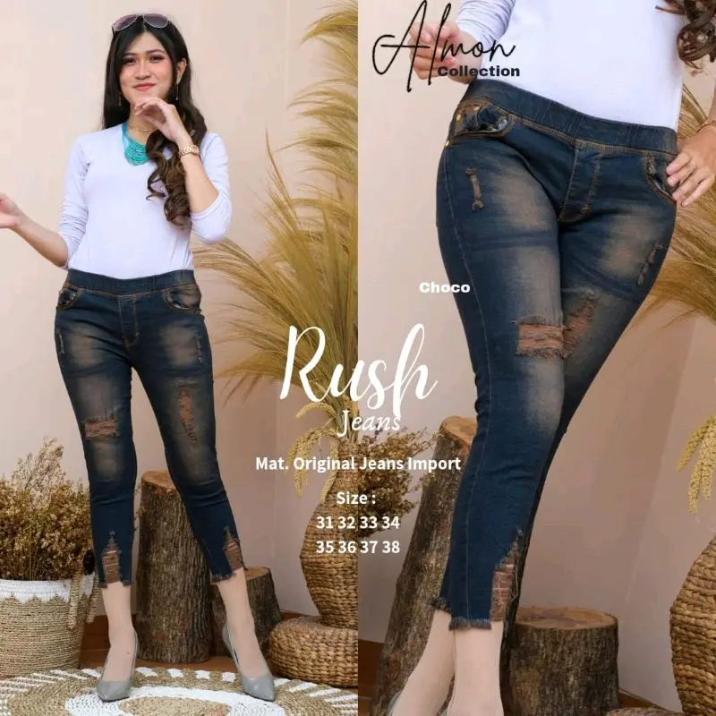 celana jeans wanita model sobek-sobek - celana Denim pinggang karet kekinian Legging Stretch Casual Waist 1