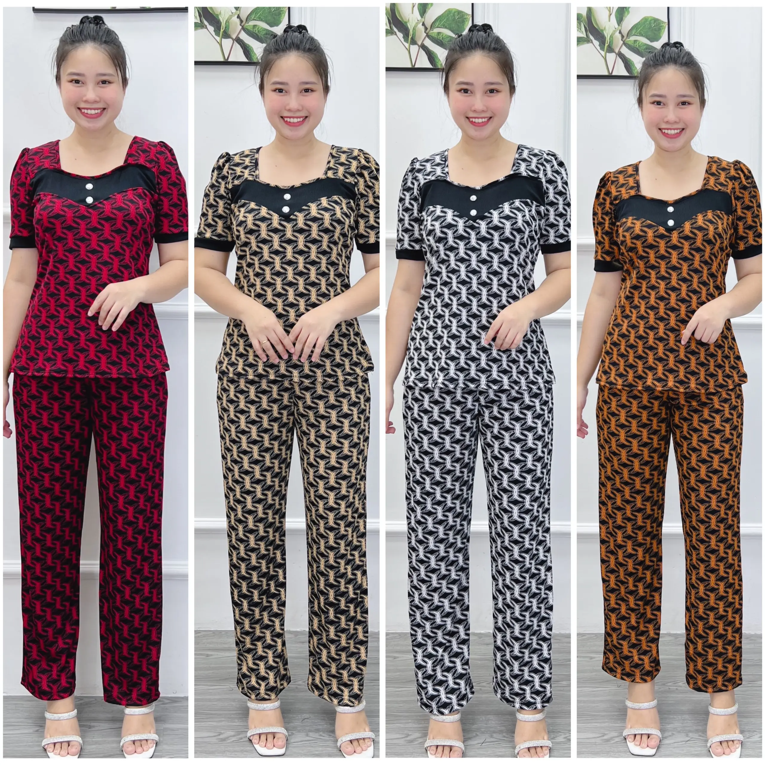 TL63 Đồ bộ thun tăm lạnh co giãn, quần suông, cổ vuông, lưng quần thun co giãn, có 2 túi 48-80kg Nhung Nữ