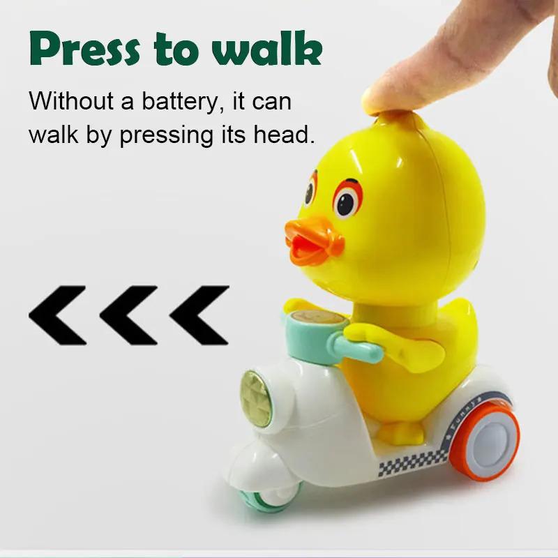 Product Introduction of Manual Pressing Head Free Rotation Cute Duck Press Car Motorcycle Anti-collision And Anti Drop Baby Toys Mini Car For Kids enabot  robot 3