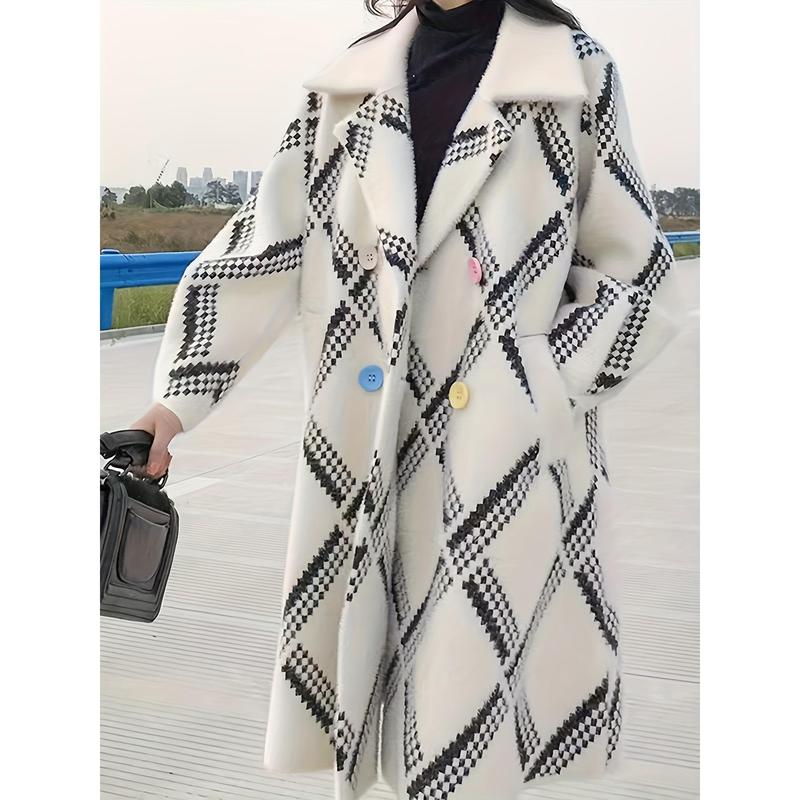 TikTok Shop Elegant Houndstooth Pea Coat for Women Polyester 100 Winter Knitted Fabric Outerwear with Pockets Fashionable Mid Length Thickened Overcoat