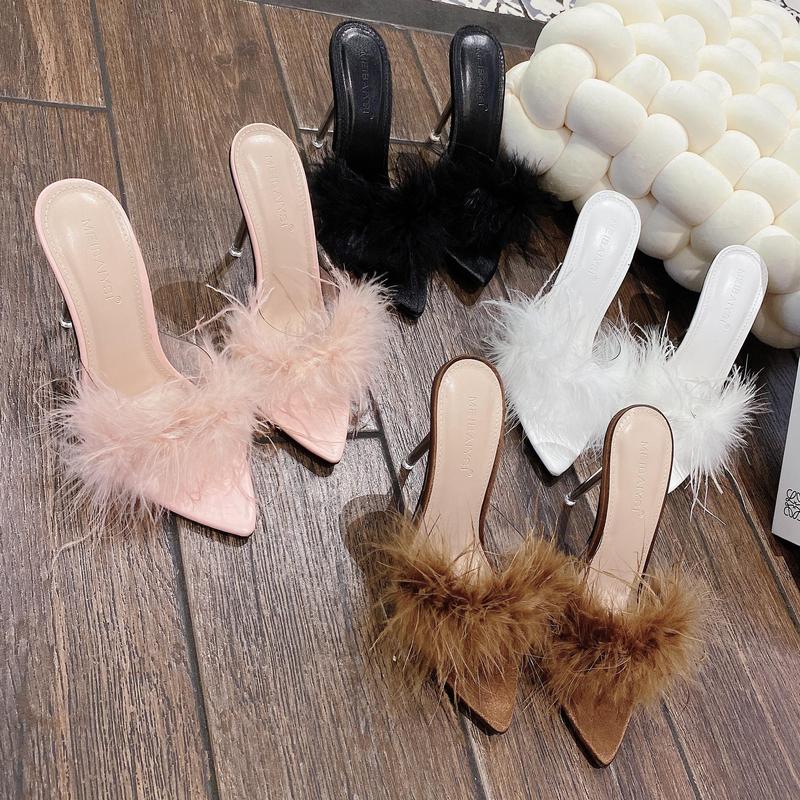 Guốc nữ gót nhọn 10P phối lông vũ Giày cao gót nữ thời trang lên chân cực sang hàng chuẩn xịn MT Store