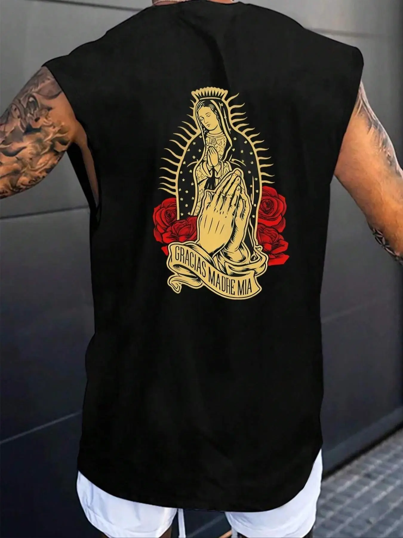 Men's Letter & Virgin Mary & Rose Print Round Neck Tank Top, Regular Fit Casual Sleeveless Graphic Vest for Summer, Clothing, Fashion Men's Top for Daily Wear