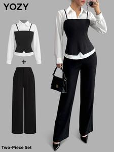 YOZY Women's Colorblock Top & Pants Two-piece Set, Elegant Fashion Casual Two Piece Outfits for Work Office Business, Ladies Clothes for Spring & Fall