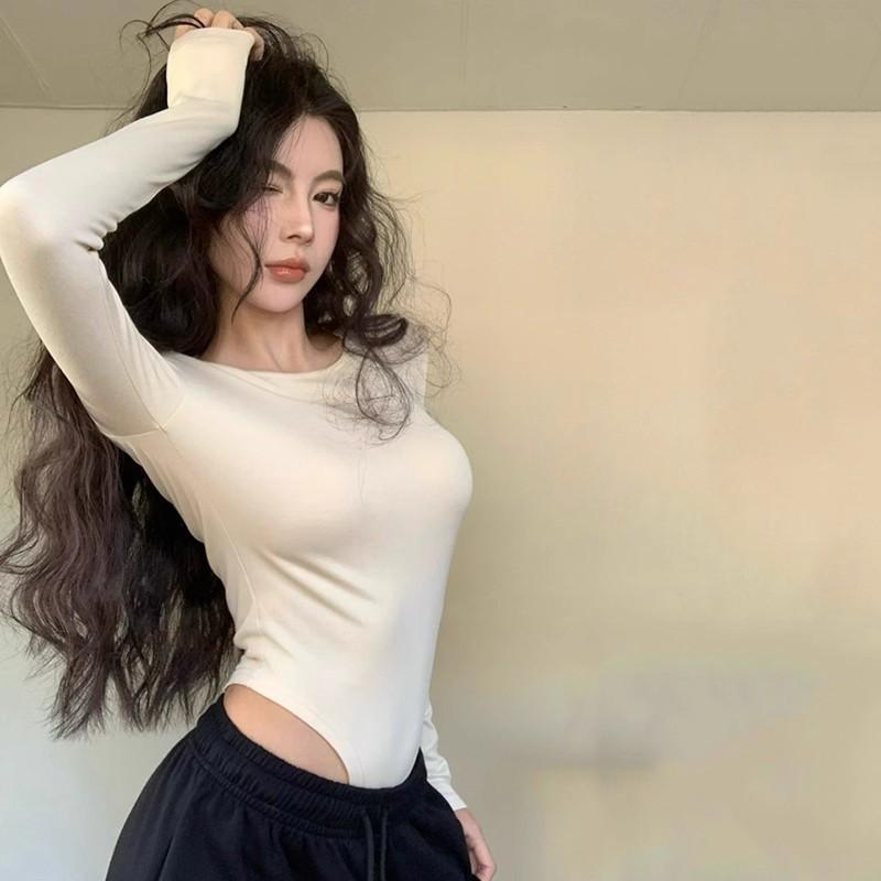 Yoohui ZZ104 Longsleeve Bodysuit Crop Top Lengan Panjang Wanita Baju Crop Wanita Korean Style Atasan Wanita Basic Leher Wanita Flute Sleeve Polos Kaos Baju Atasan Wanita Long Sleeve Atasan Rajutan Slim Fit Top 7