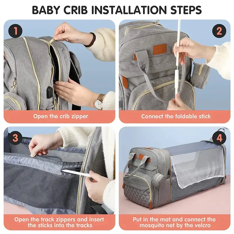 3-in-1 Waterproof Foldable Diaper Bag Backpack With Bassinet & USB Port - Large Unisex