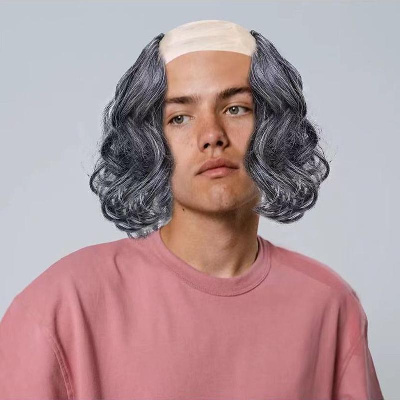Product Introduction of Party Cosplay Props Funny Bald Wig Curly False Old Man Bald Wig Straight Fluffy Halloween Balding Wig Masquerade Show 12