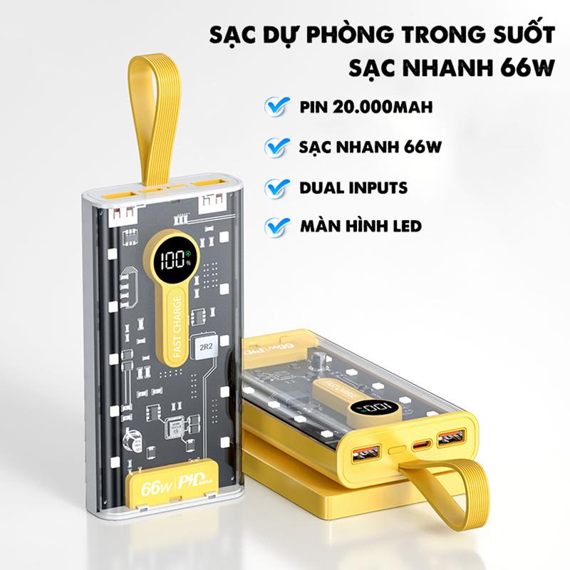 Sạc Dựng Phòng Trong Suốt 20000mAh 10000mAh Cổng Sạc Nhanh 3.0 Với 2 Cổng Sạc Nhanh 66w Thiết Kế Mới Màn Hình LED Sử Dụng Cổng Type-C