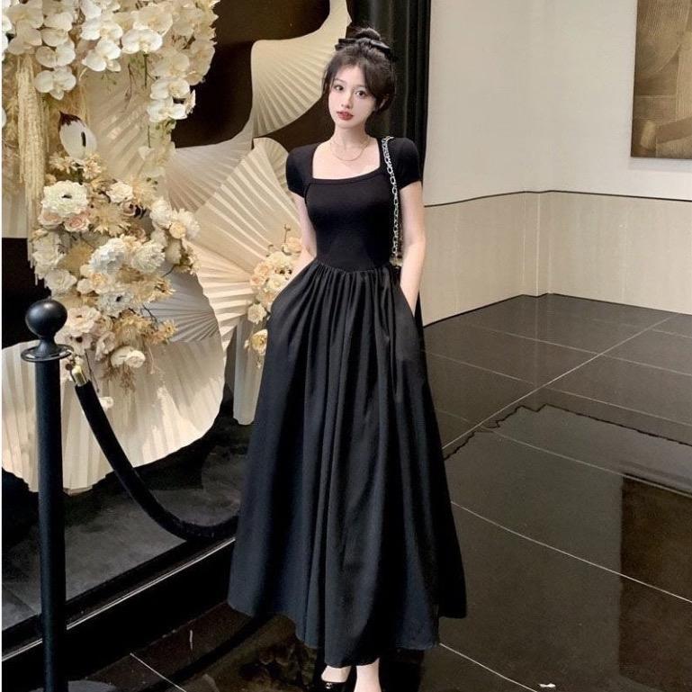 Váy đầm dáng dài cổ vuông liền thân tay ngắn hottrend tiểu thư hàng Quảng Châu (CÓ BIG SIZE) SP106