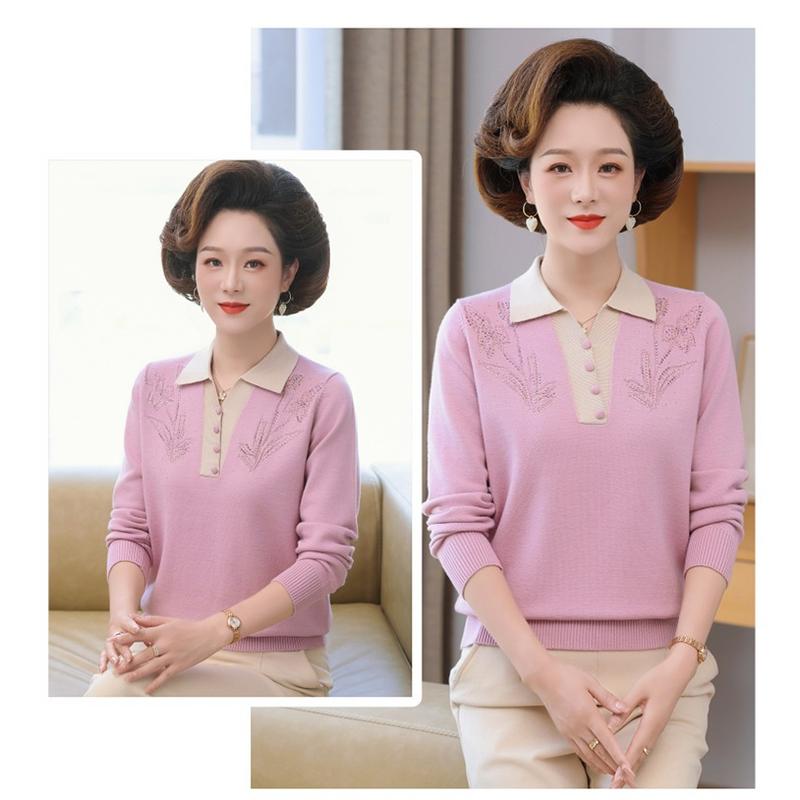 Product Introduction of Áo Len Nữ Trung Niên Xuân Thu, Cổ Áo Sơ Mi, Họa Tiết Hoa Lá Trang Nhã, Sang Trọng (M221) 27
