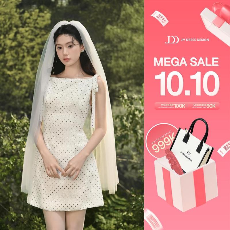 Đầm Cổ Ngang Chân A Buộc Nơ 2 Bên Vai 1S63.2507K | Đầm Chấm Bi A-Line Mini Dress Retro Vintage Trẻ Trung Nữ Tính Bởi JM Dress Design