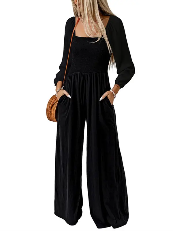 Women's Solid Shirred Bishop Sleeve Square Neck Jumpsuit, Casual Pocket Wide Leg Jumpsuit for Fall, Women's Jumpsuit for Daily Wear 0