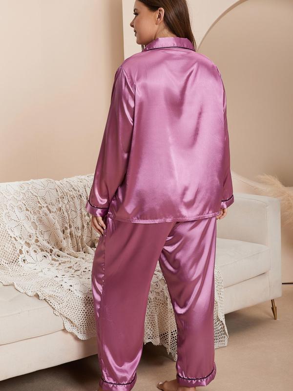 2 Piece Set Plus Size Contrast Binding Satin Pyjama Set, Solid Long Sleeve Top & Elastic Waist Pants for Home Wear, Comfort PJ for Homewear, Lounge Co-ord Set 6