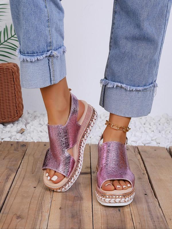 Women's Fashionable Solid Color Wedge Sandals, 1 Pair Casual Versatile Hollow out Design Buckle Decorated Sandals, Trendy Shoes for Summer 3
