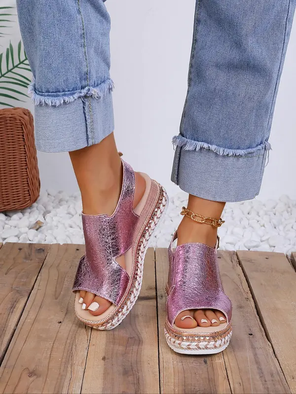 Women's Fashionable Solid Color Wedge Sandals, 1 Pair Casual Versatile Hollow out Design Buckle Decorated Sandals, Trendy Shoes for Summer 3