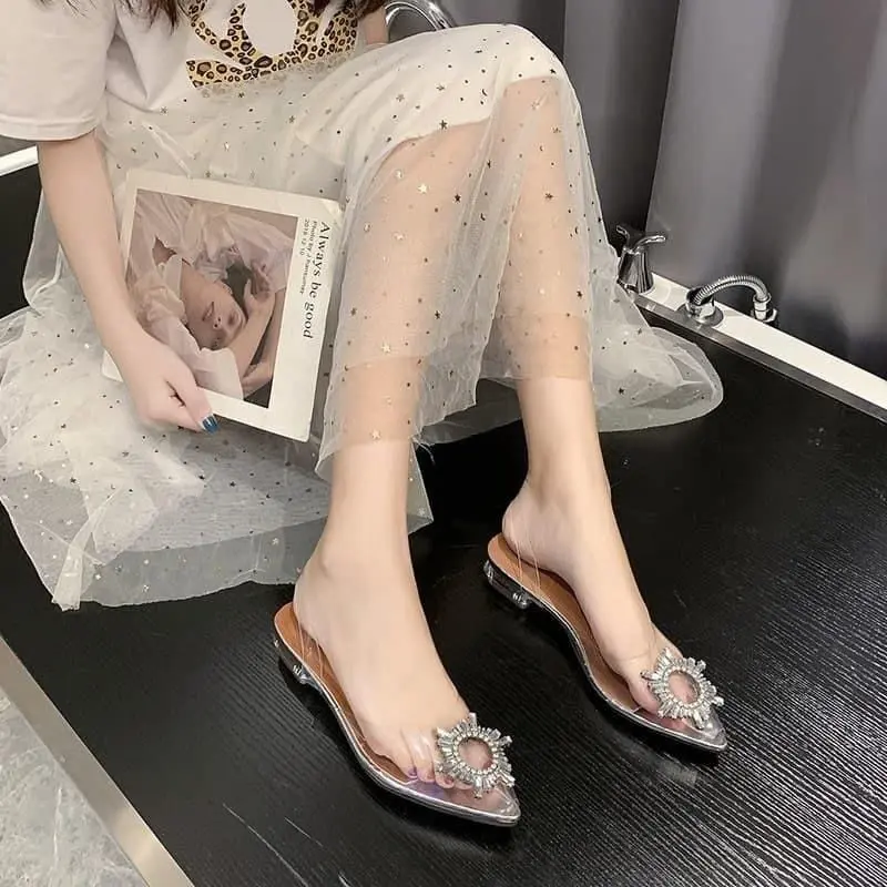 Sandal Wanita Heels Transparan Flat Import Bening 2-3 CM 0129 Sandkasse  Sendal Wedge Karet Silver CM 37