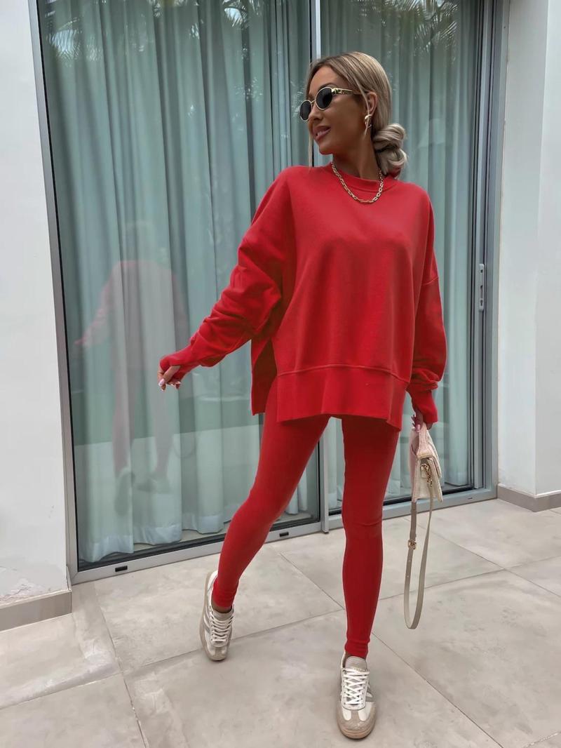 Product Introduction of 【Fashionwave Collection】 Two-Piece Set Women's Solid Drop Shoulder Split Hem Sweatshirt & Elastic Waist Pants, Casual Fashion Cozy Round Neck Long Sleeve Pullover & Skinny Trousers for Daily Outdoor Wear, Women's Lounge Clothing for Spring & Fall 8