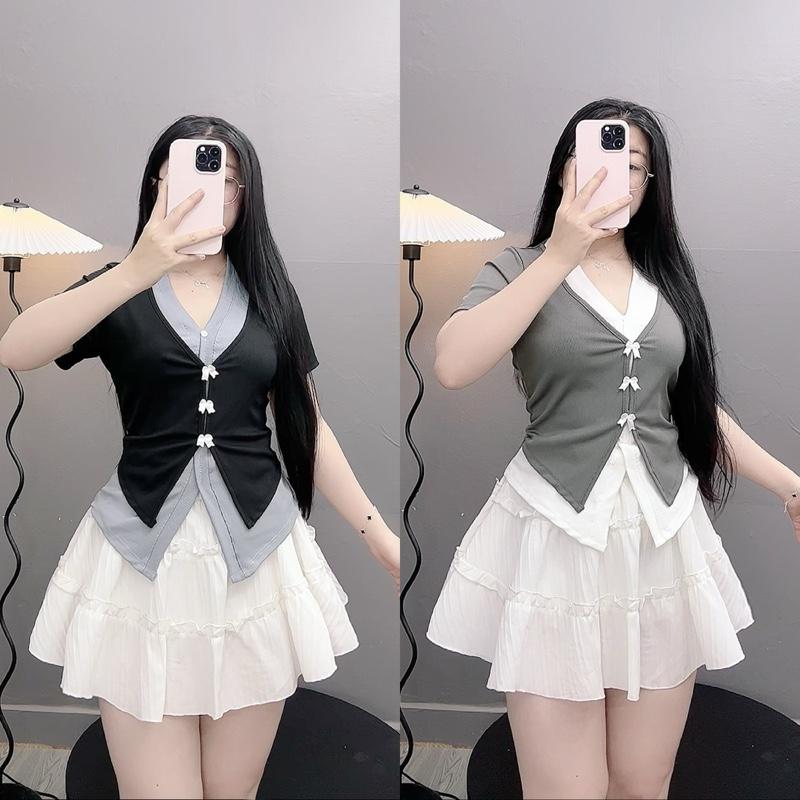 Set Bộ Bigsize Áo Cổ Tim Đính Nơ Vải Tăm Qc Mát Dễ Thương Phối Chân Váy Xoè Nữ Tính Cho Chuppy 50-95Kg A271 Cv409