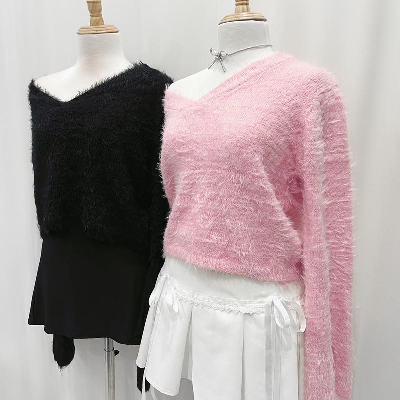 Áo Len Lông Thỏ Cổ Tim Lệch Vai Dovie - Candy Sweater