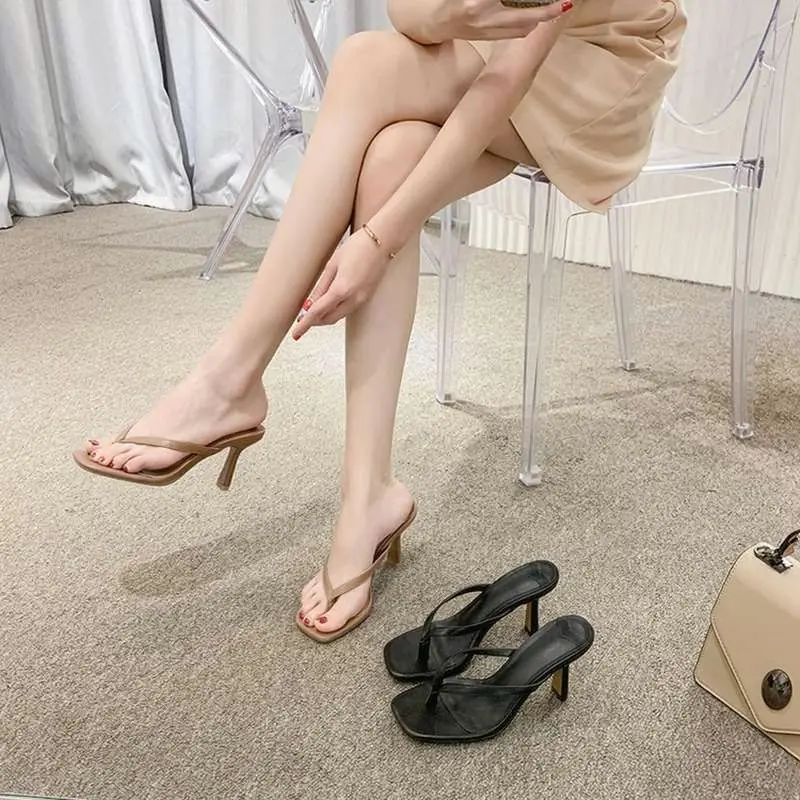 Gijia Y Cao Gót N Women's Black Flip-Flops High Heel Stiletto Heel Flip-Flops Fashionable All-Match Slippers Square Toe Sandals Summer