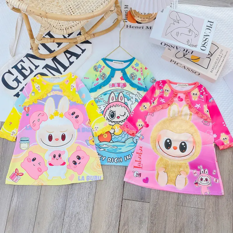 Bộ váy dài tay Cho Bé Gái 7-30kg-từ 7 tuổi trở xuống-Bộ Dài Tay In Hình Hoạ Tiết LABUBU, chất thun lạnh 3D Cho bé gái mềm mịn thoáng mát Có độ co giãn 4 chiều cho bé hoạt động thoải mái dành cho bé cao dưới 1m5 set baby mềm 8