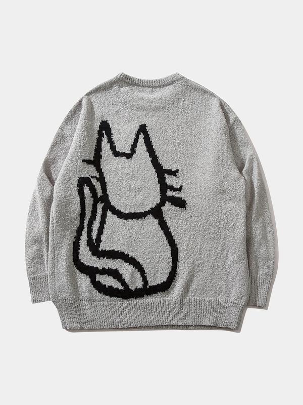 Men's Cartoon Cat Print Drop Shoulder Sweater, Loose Casual Long Sleeve Round Neck Jumper for Fall & Winter, Knitting Tops, Sweater for Women, Valentine's Day Gift for Men, Men's Knitwear for Daily Wear, Weekend Sweater 5