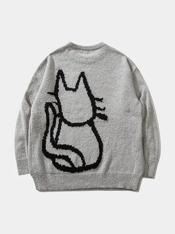 Men's Cartoon Cat Print Drop Shoulder Sweater, Loose Casual Long Sleeve Round Neck Jumper for Fall & Winter, Knitting Tops, Sweater for Women, Valentine's Day Gift for Men, Men's Knitwear for Daily Wear, Weekend Sweater 5
