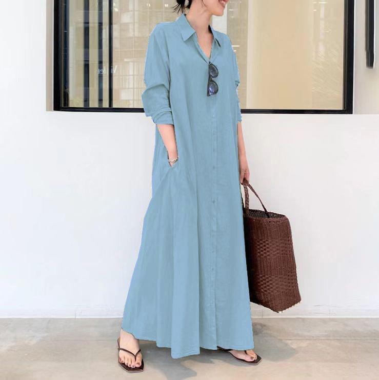 Product Introduction of Women European and American style cotton linen solid color lapel long sleeve insert bag simple loose casual long shirt dress 57