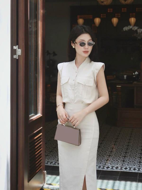  LYNA - Set Váy Dáng Dài Xẻ Mix Áo Khuy Bọc C98 