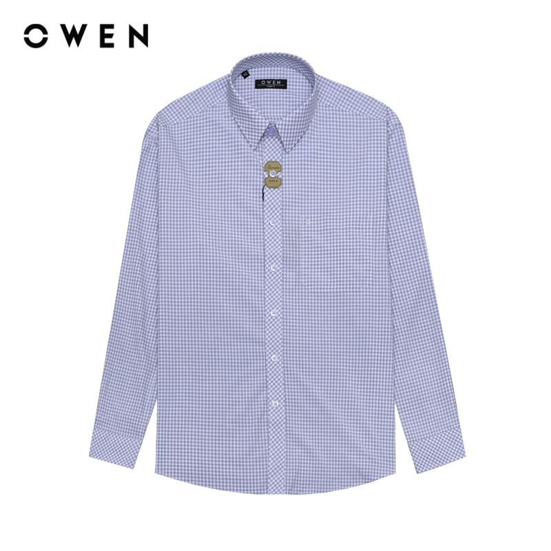  OWEN - Áo sơ mi Nam dài tay Có túi Regularfit AR240565DT màu Xanh chất liệu Spandex   Hoạ tiết Kẻ caro Menswear 