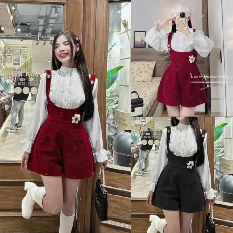 Bèo Béo Bigsize Set Thời Trang Nữ Áo Sơ Mi Kèm Yếm Nhung Kim Tuyến Đính Charm Nơ Bigsize 60-90Kg