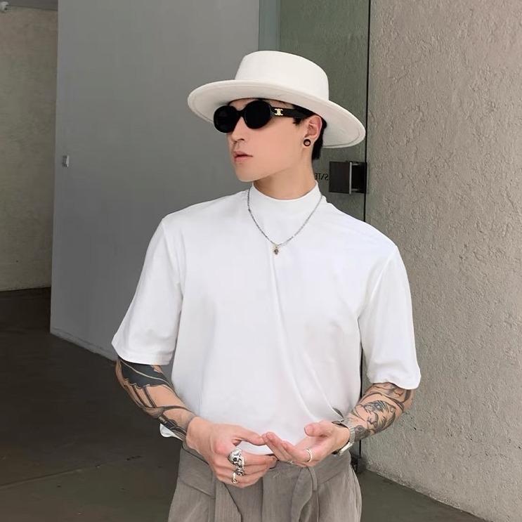 Áo thun nam cổ bo cao basic form rộng tay lỡ trơn Menswear Top