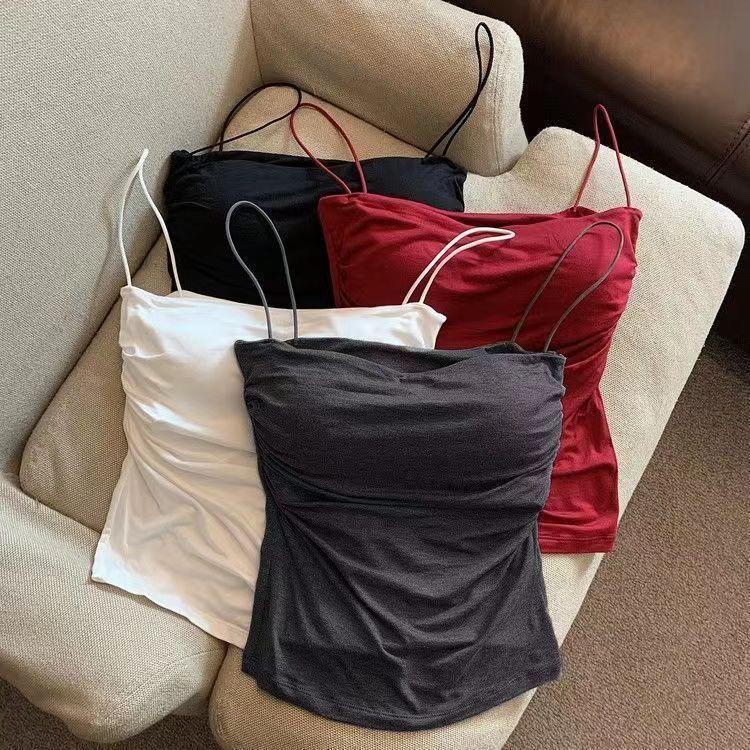 Vest Hai  Xếp Ly, Dành Cho Phụ Nữ, Trang Phục Mùa Hè,  Đeo Spaghetti  Thể Mặc  Trong Hoặc  Ngoài,  Tay,  Nhỏ Dáng Ôm, Thiết Kế Dễ Thương Và Gợi Cảm bên   gọn     bigsize  cúp   thun  3  lỗ  nữ        croptop không    2      mút  sẵn áo dây có 0