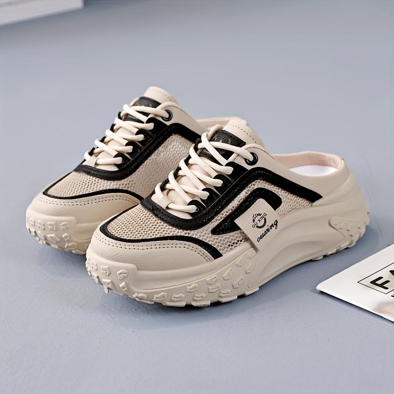 Product Introduction of Women's Breathable Mesh Slip-On Sneakers - Casual Lace-Up, Mid-Heel, Summer Fashion Shoes with Round Toe & TPU Sole, Outdoor, Half Slip-on, Leisure Style 1