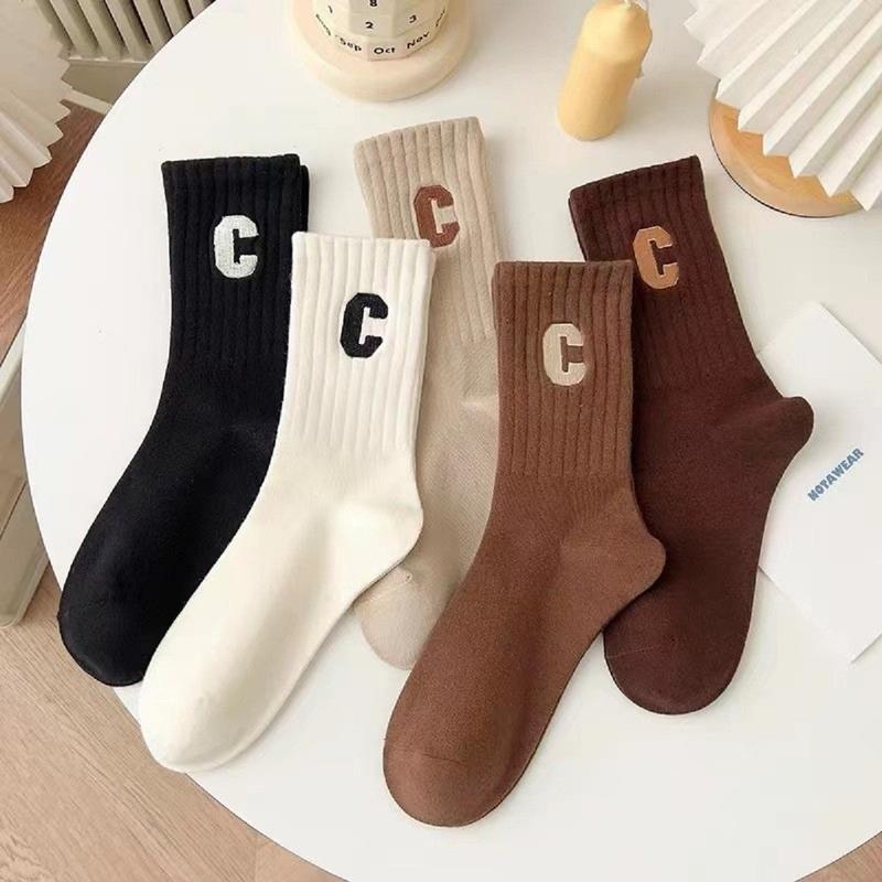 Set 10 Vớ cổ cao nữ, Tất vớ nữ cổ cao họa tiết chữ C nhiều màu vải cotton dệt kim mềm mịn co dãn 4 chiều, tất chống hôi chân, phong cách Hàn Quốc trẻ trung năng động