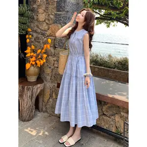 PO15 CHICMORE Gaun rok panjang motif kotak kotak dengan lengan pendek dan terdapat ikat pinggang