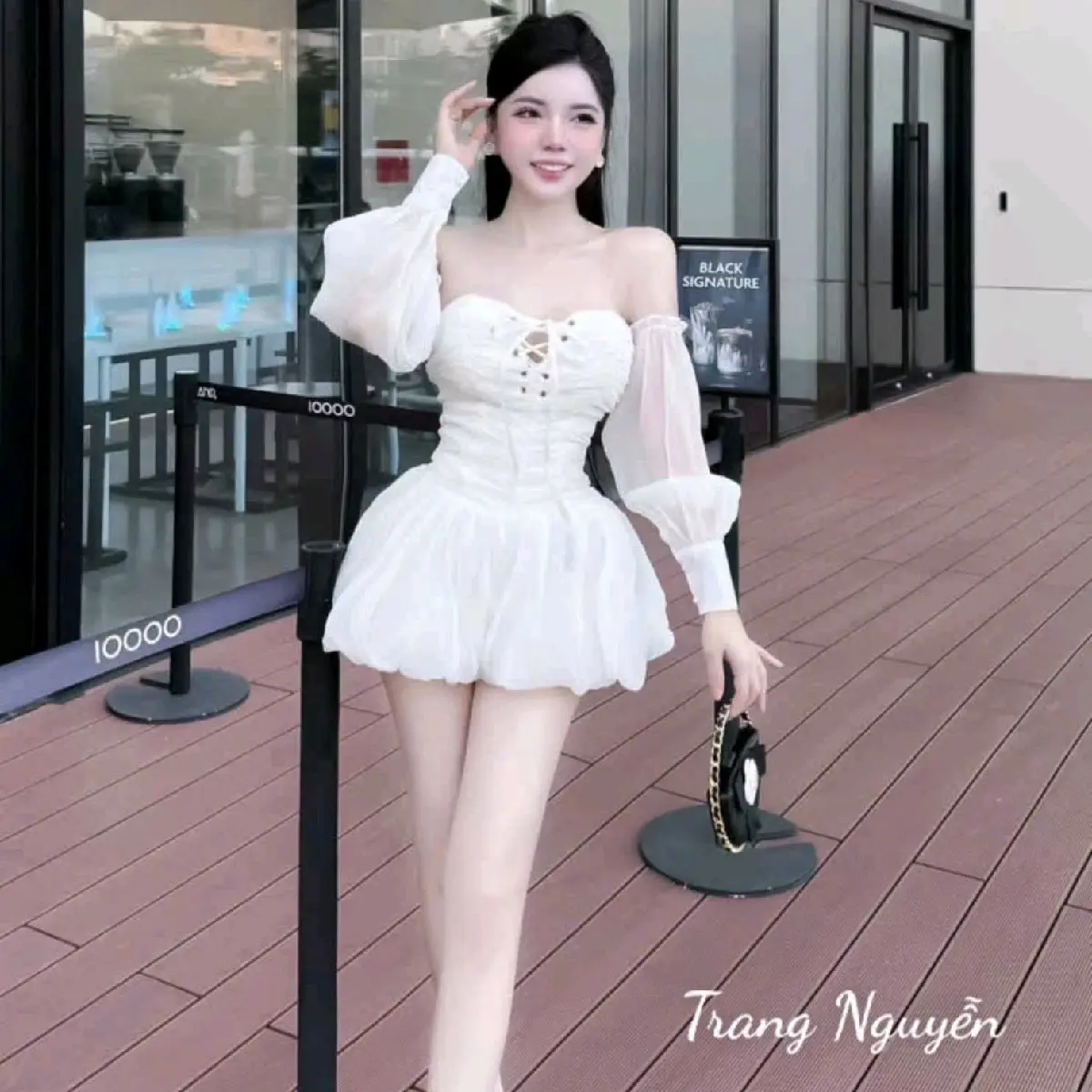 Váy nữ bí phồng cúp ngực kiểu dây đan mix dài tay (có kèm quần lót bảo hộ) - Kem - Women