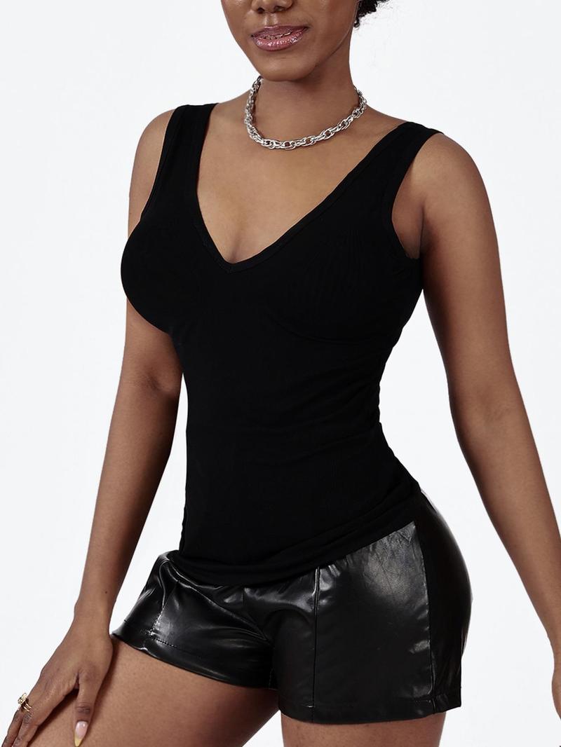 Product Introduction of Women's Solid Color Ribbed Sports Tank Top, High Stretch Casual Comfortable Breathable V Neck Sleeveless Top for Daily Wear, Ladies Sportswear for All Seasons 4